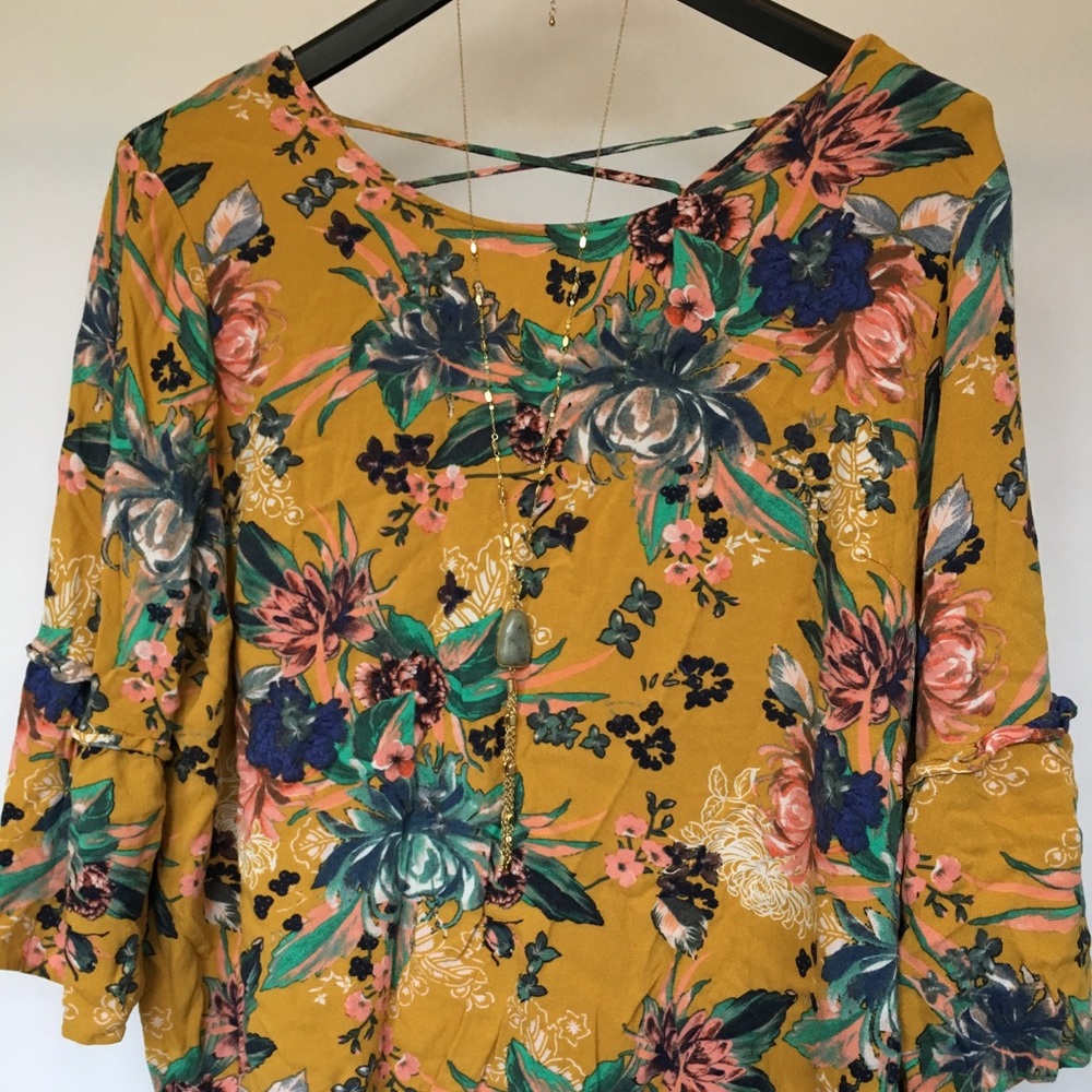 Mustard Bell Sleeve Floral Print Blouse